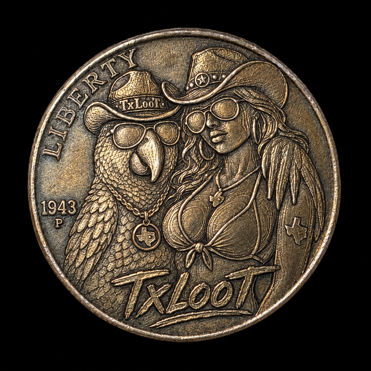 TxLooT cowgirl & Jade — TxLooT engraved nickel