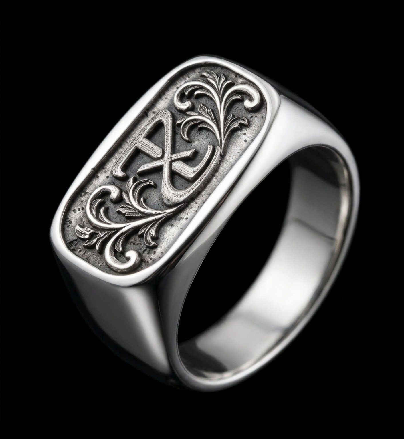 Personalized monogram signet ring with ornamental scrollwork by TxLooT