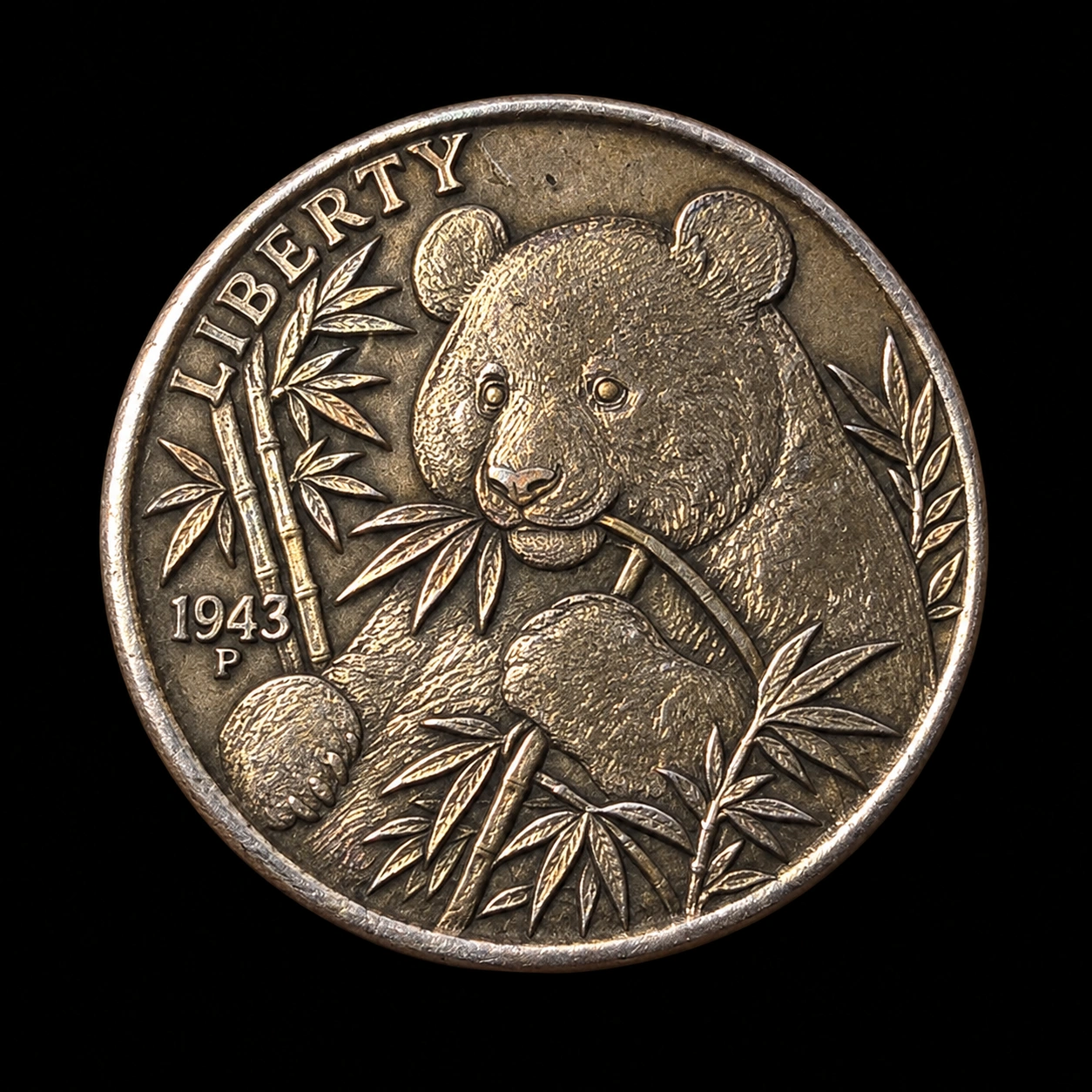 Panda and bamboo laser-engraved on a war nickel by TxLooT