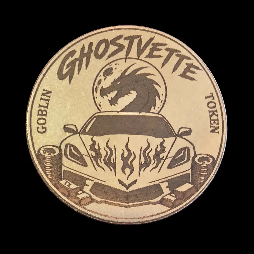 32 mm laser-engraved token by TxLooT: Ghostvette · custom artwork