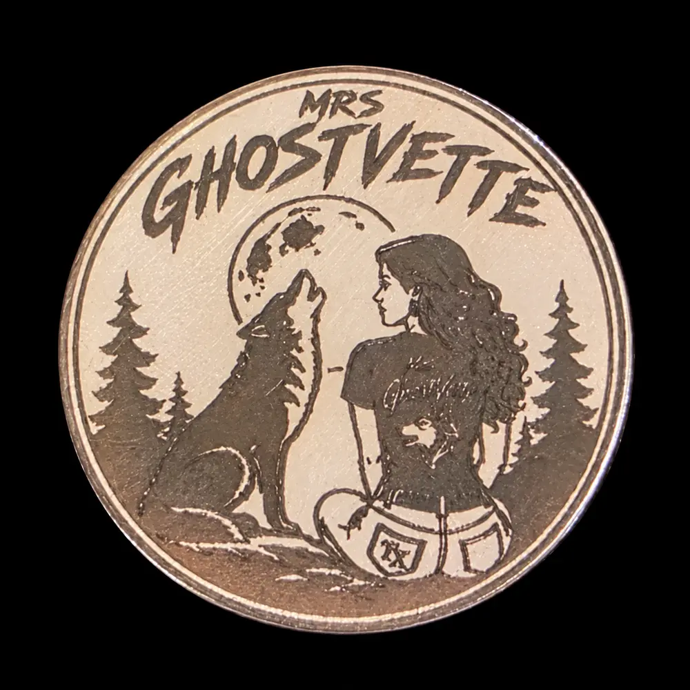 32 mm laser-engraved token by TxLooT: Mrs Ghostvette · reverse design